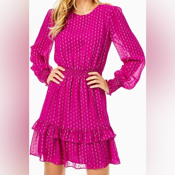 NWT Lilly Pulitzer Dotti Silk Dress Bordeaux Berry Rainbow Metallic Clip Size 4 - Picture 1 of 3